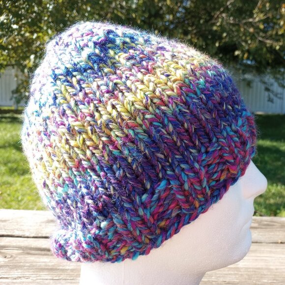 Men's Beanie Hat Cap Handmade Knit Slouch Delphinium Blue Chunky Women - Picture 4 of 9